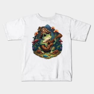 Cottagecore aesthetic cute frog playing ukelele on Mushroom Kids T-Shirt